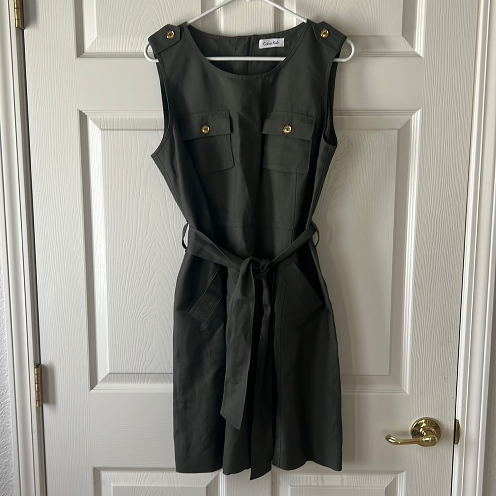 Calvin Klein Olive Green Linen Blend Dress Size 12 (L/XL) Sleeveless‎ Tie Waist